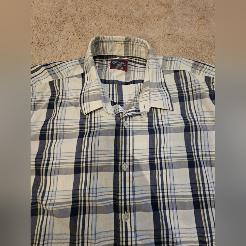 UNTUCKit Mens long Sleeved Button Down Shirt Adult L Blue White yellow Plaid